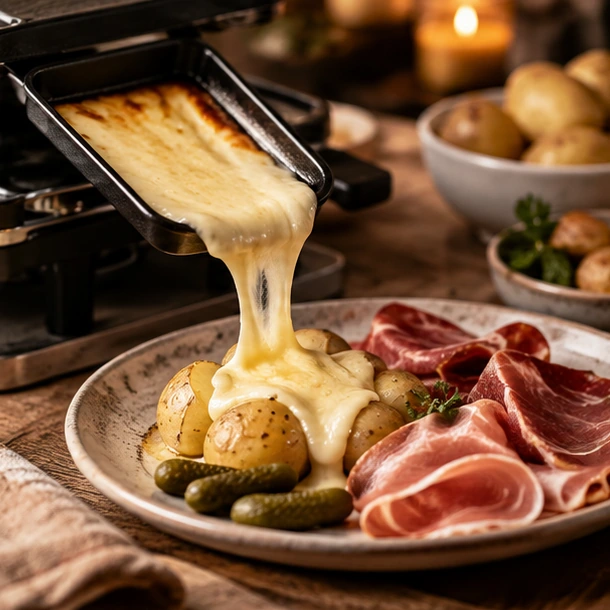 Raclette avec fromage, charcuterie et pommes de terre
