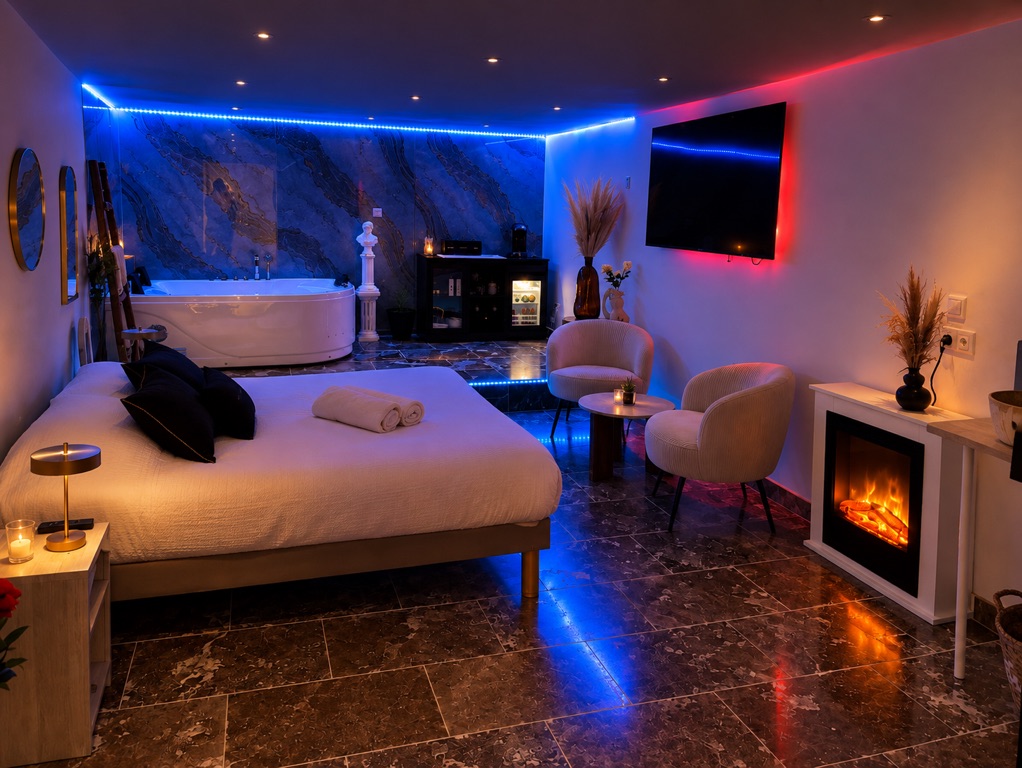 Vue d'ensemble de la suite Dolce Notte avec lit, jacuzzi et cheminée