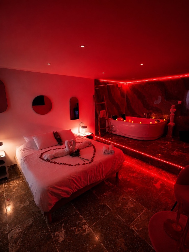 Ambiance lumineuse rouge de la suite Dolce Notte