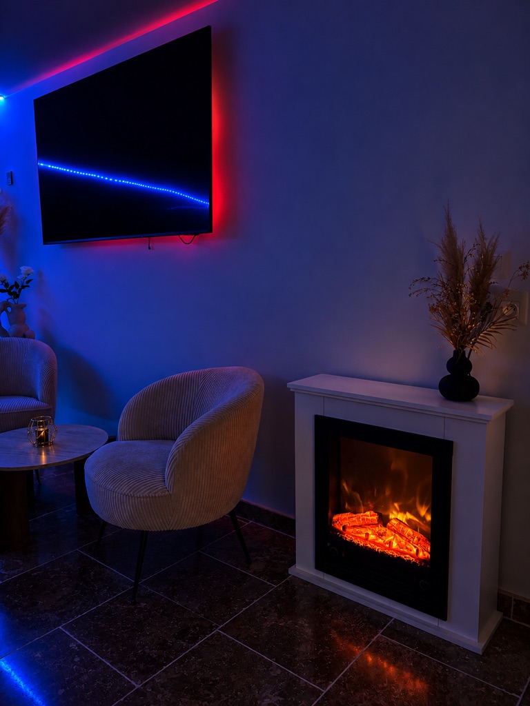 Coin salon avec cheminée et écran de la suite Dolce Notte